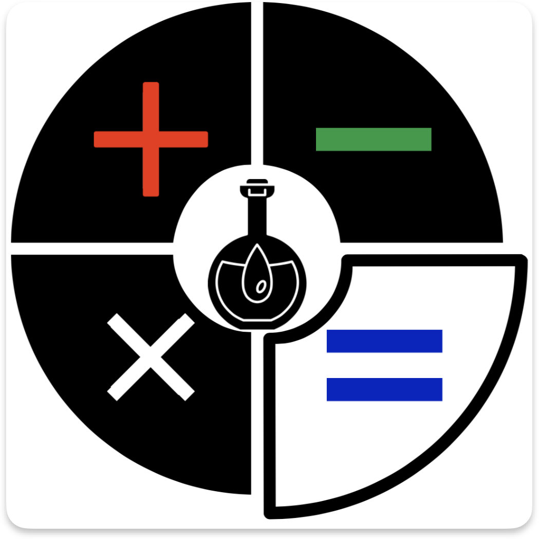 A round black and white graphic split into four quadrants showing math symbols: a red plus, green minus, white multiplication sign, and blue equals sign, with a chemistry flask and flame in the center.